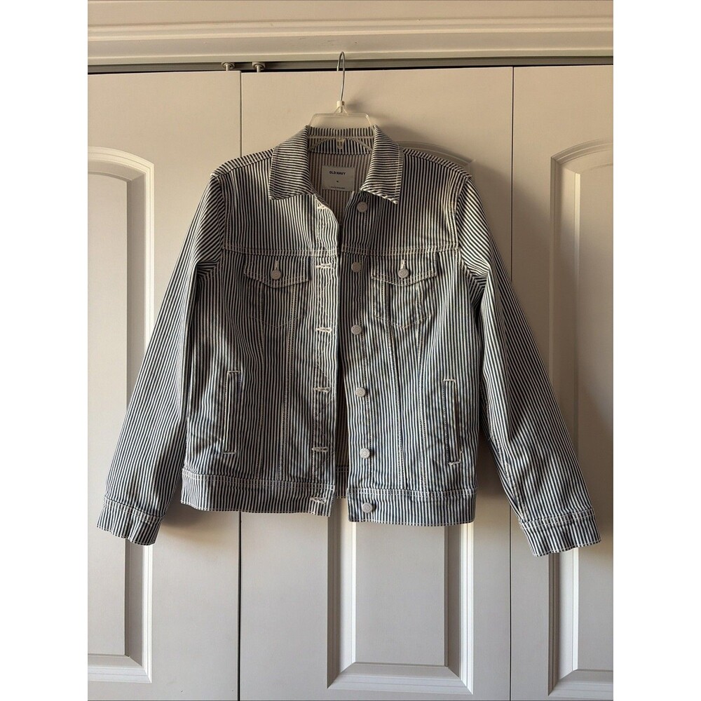 Old Navy Women's Denim Jacket Blue White Railroad Stripe Size Medium NWOT